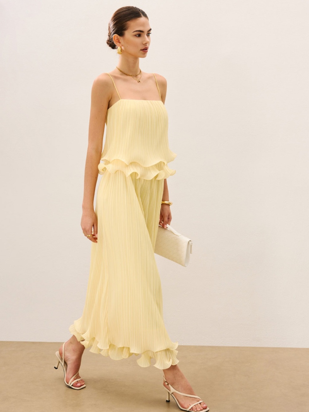 Commense Pleated Layered Ruffle Two Piece Co-Ord Matching Skirt Set in Yellow